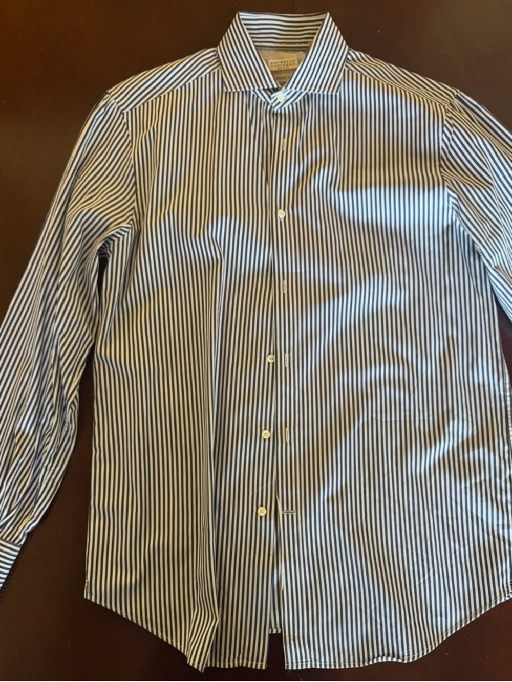 Brunello Cucinelli Navy and White Vertical Stripe Dress Shirt